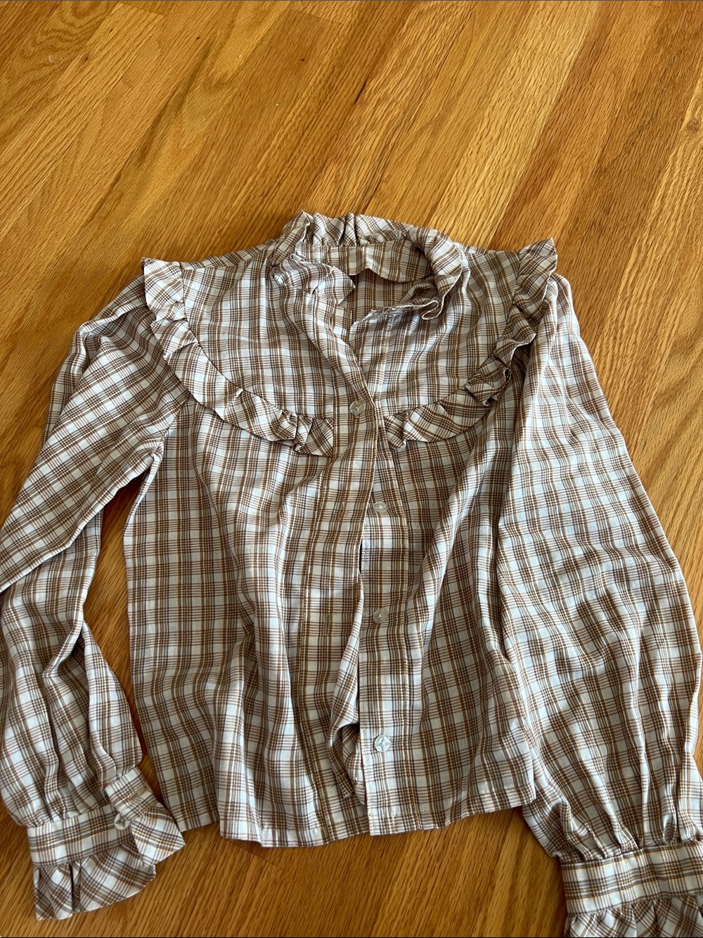 Vintage Ruffle Plaid Button-Front Top in Beige and White girls youth 7/8